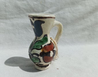 Vintage Folk Korond Glazed Jug With Tulip Motif, Folk Mood Vase With Flower Motif, Ceramic Folk Pitcher