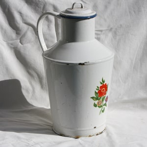 Vintage Large Metal Milk Jug With Lid, Metal Enameled Folk Pitcher, Hungarian Vintage Large White Enameled Jug