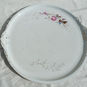 Antique Hungarian White Rose Decorated Huge Platter, Porcelain Stoneware Gold Decorated Handle Candy Holder Platter