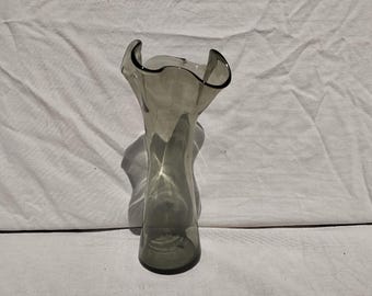 Smoke Glass Vase With Wavy Edges,  Elegant Decorative Gray Vase,  Art Glass Vase