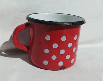 Red Enamel Mug With White Dots , Vintage Metal Enameled Glazed Folk Country Style Milk Jug, Metal Dining Accessorie