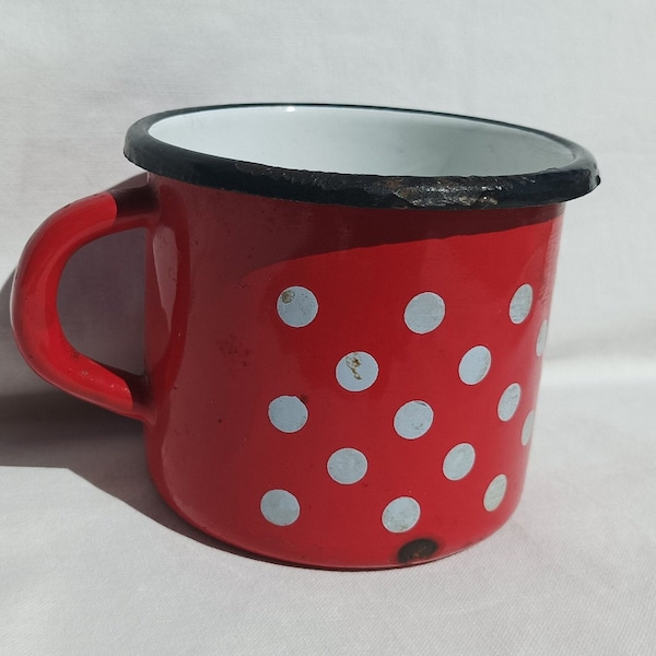 Red Enamel Mug With White Dots , Vintage Metal Enameled Glazed Folk Country Style Milk Jug, Metal Dining Accessorie