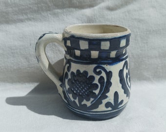 Traditional Folk Vintage Ceramic Mug With Folk Flower Motif, Traditional Transylvania Blue Korond Ceramic , Little Folk Pottery