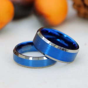 Tungsten Blue Ring, Blue Wedding Ring, 6mm 8mm Tungsten Ring, Anniversary Band, Couple Ring, Women&#39;s Engagement Ring, valentine gift for him