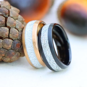 Rose Gold Wedding Band for Men, Black Tungsten Mens Wedding Band with Meteorite Inlay, Silver Meteorite Wedding Ring, Valentine gift for him