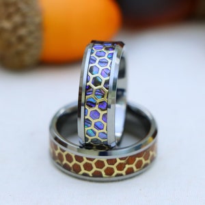 Silver Wedding Ring, Honeycomb Cut-out over Rosewood Inlay Tungsten Ring, Abalone Inlay Engagement Ring for Men & Women, Womens Wedding Band
