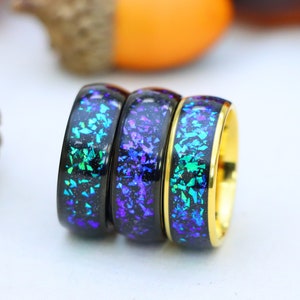 Blue Opal & Abalone Fragment Inlay Mens Wedding Ring, Christmas Gift, Engagement Ring, Womens Wedding Band, Opal Mens Ring, Comfort Fit Band