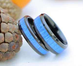 Black Tungsten Wedding Band with Blue Bamboo Inlay