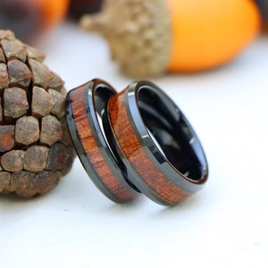 Wooden Tungsten Wedding Bands, Matching Engagement Rings, Koa Wood Inlay Wedding Ring, Couple Wedding Band, Paduk Wood Band, Christmas Gift