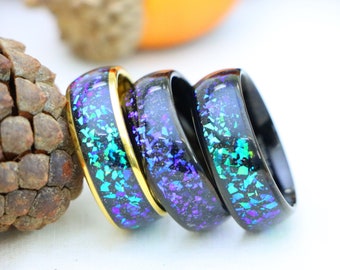 Blue Opal & Abalone Fragment Inlay Mens Wedding Ring, Christmas Gift, Engagement Ring, Womens Wedding Band, Opal Mens Ring, Comfort Fit Band