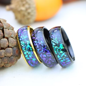 Blue Opal & Abalone Fragment Inlay Mens Wedding Ring, Christmas Gift, Engagement Ring, Womens Wedding Band, Opal Mens Ring, Comfort Fit Band