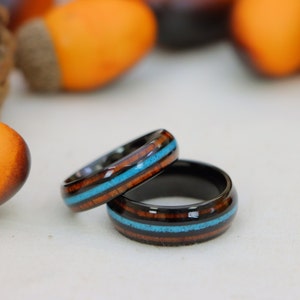 Hawaiian Koa Wood Ring Mens Wedding Band, Couple Rings, Blue Fire Opal Wedding Ring, Men&#39;s Women&#39;s Ring, 6mm-8mm Wooden Mens Black Opal Ring