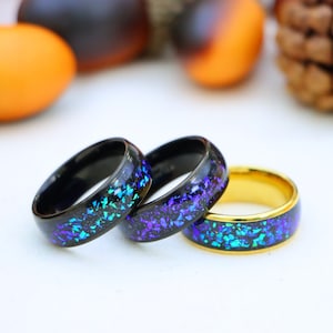 Blue Opal & Abalone Fragment Inlay Mens Wedding Ring, Christmas Gift, Engagement Ring, Womens Wedding Band, Opal Mens Ring, Comfort Fit Band
