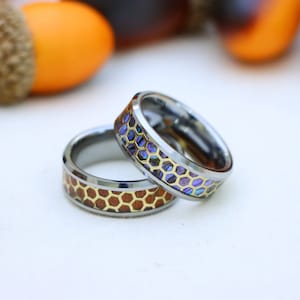 Silver Wedding Ring, Honeycomb Cut-out over Rosewood Inlay Tungsten Ring, Abalone Inlay Engagement Ring for Men & Women, Womens Wedding Band