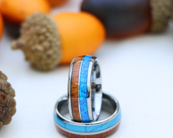 Koa Wood Tungsten Wedding Ring, Blue Turquoise Opal Inlay
