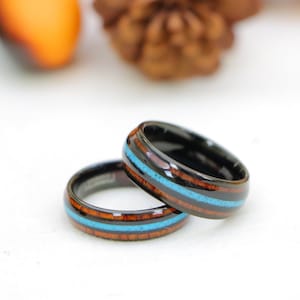 Hawaiian Koa Wood Ring Mens Wedding Band, Couple Rings, Blue Fire Opal Wedding Ring, Men&#39;s Women&#39;s Ring, 6mm-8mm Wooden Mens Black Opal Ring