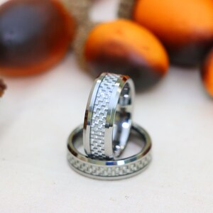 Matching Mens and Ladies Silver Carbon Fiber Inlay Tungsten Wedding Band, Men&#39;s Engagement Rings, Silver Wedding Rings, Couple Ring Bands