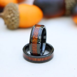 Wooden Tungsten Wedding Bands, Matching Engagement Rings, Koa Wood Inlay Wedding Ring, Couple Wedding Band, Paduk Wood Band, Christmas Gift