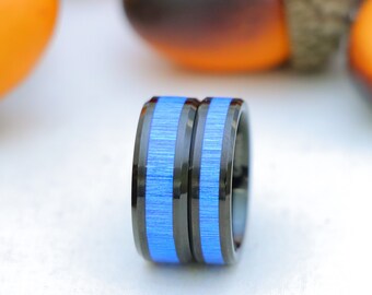 Black Tungsten Wedding Band with Blue Bamboo Fiber Inlay
