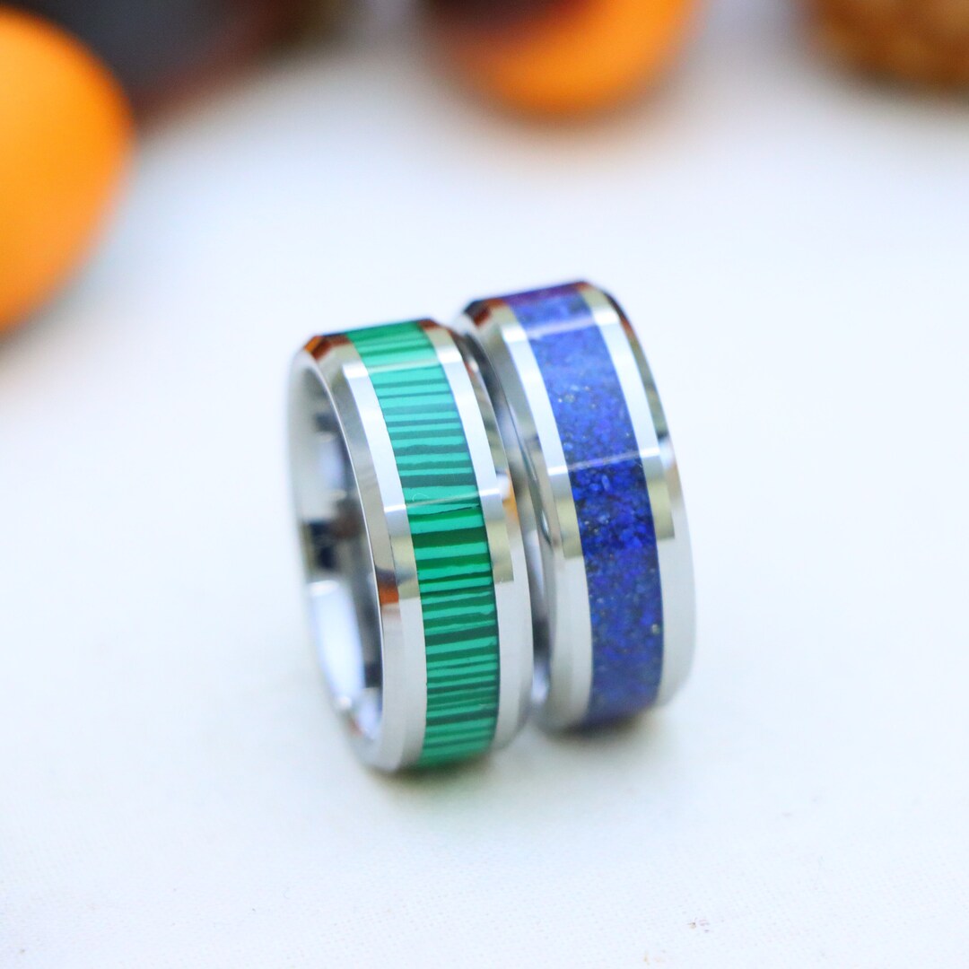 Men's Wedding Ring Faux Green Wedding Band Silver Tungsten Ring With ...