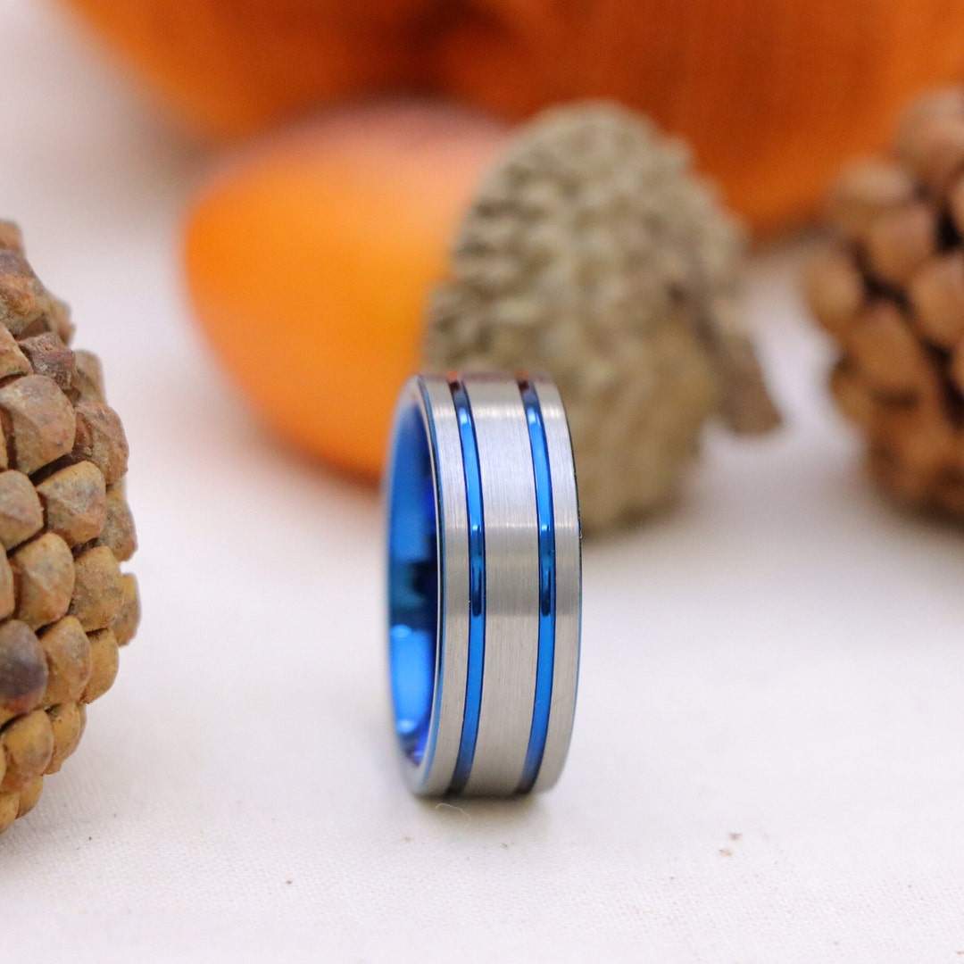Silver Blue Line Ring, Wedding Band, Tungsten Wedding Ring, Tungsten ...