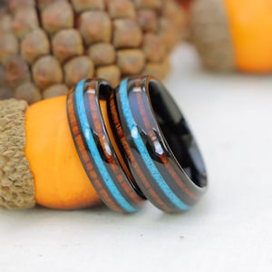 Hawaiian Koa Wood Ring Mens Wedding Band, Couple Rings, Blue Fire Opal Wedding Ring, Men&#39;s Women&#39;s Ring, 6mm-8mm Wooden Mens Black Opal Ring