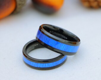 Black Tungsten Wedding Band, Blue Bamboo Fiber Inlay, Promise Ring