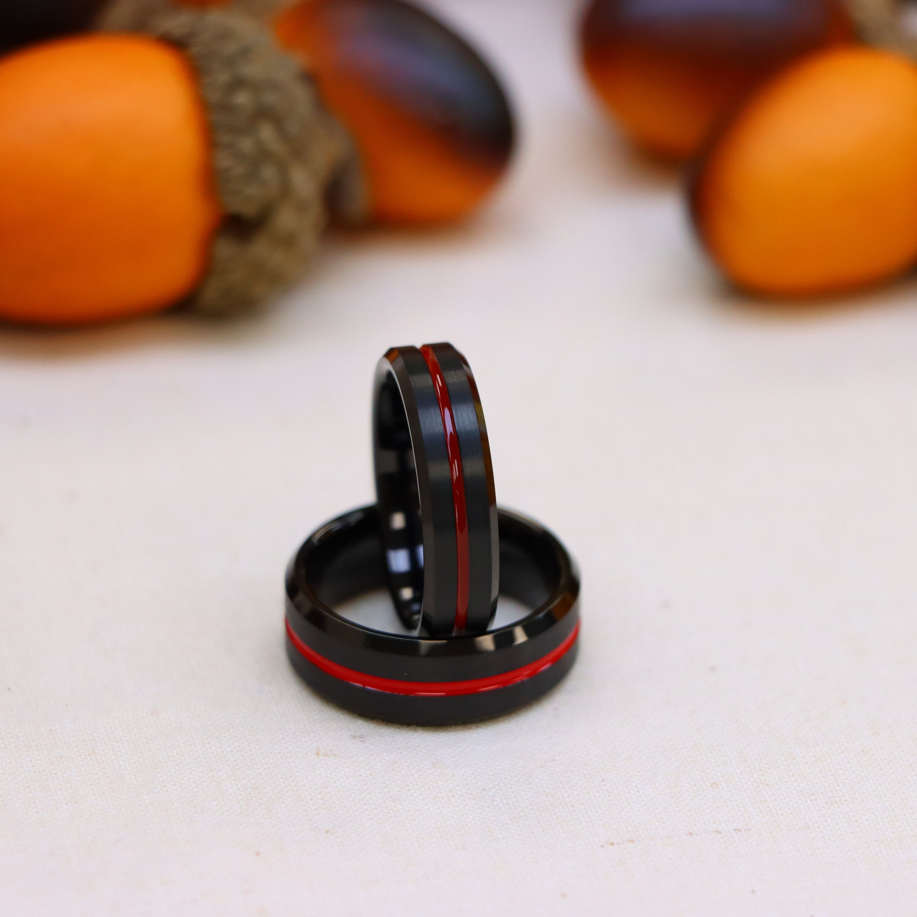 Engraved Firefighter Thin Red Line Ring Men's Wedding Ring Black