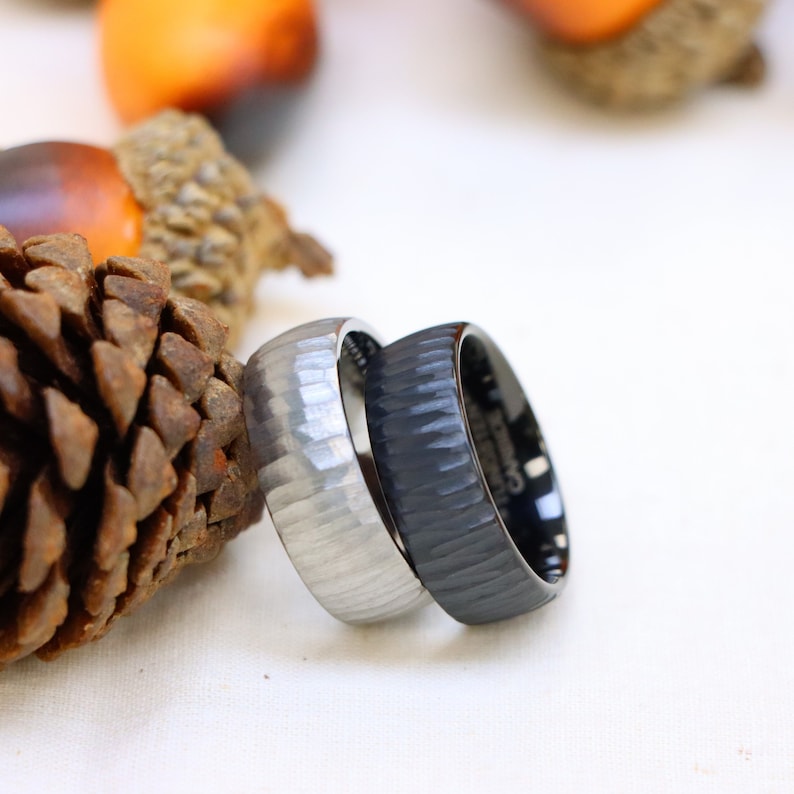 Men Women Tungsten Wedding Band, 8MM Black Semi Domed Ring Tree Bark