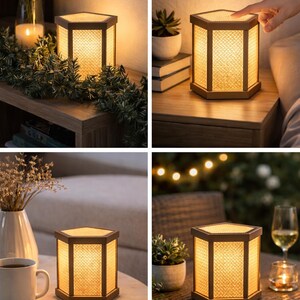 Könnte beinhalten: Sechseckige Tischlampe aus Holz mit gewebtem Schirm. Die Lampe strahlt ein warmes Licht aus, ideal für die Umgebungsbeleuchtung. Die Lampe wird in verschiedenen Umgebungen gezeigt, darunter ein Nachttisch und ein Couchtisch.