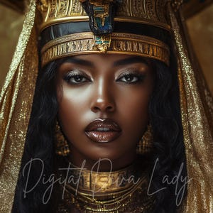 African Queen Wall Art, Black Royalty AI Digital Art, Afrocentric Egyptian Decor, Melanin Goddess Print, Gold Crown Photography, Instant