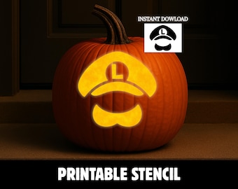 May include: A carved orange pumpkin featuring a glowing yellow silhouette of a cap with the letter L and a mustache. The image includes a white box with the text INSTANT DOWLOAD and a graphic of the cap and mustache, plus the text PRINTABLE STENCIL.