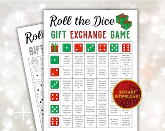 May include: A printable "Roll the Dice Gift Exchange Game" sheet. The game board features a grid with dice icons and instructions like "Swap with the youngest player." The words "Instant Download!" are in a red circle.