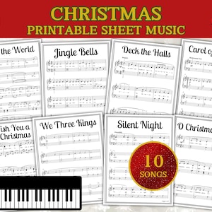 May include: Printable Christmas sheet music featuring ten holiday songs, including "Joy to the World," "Jingle Bells," and "Silent Night." The image displays several pages of musical notation with a piano keyboard graphic at the bottom.