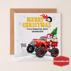 Monster Truck Hot Wheels Weihnachtskarte, HotWheels personalisierte Karte für Enkel, Sohn, Neffe, Monster Jam Truck Themen Jungen Weihnachtskarte