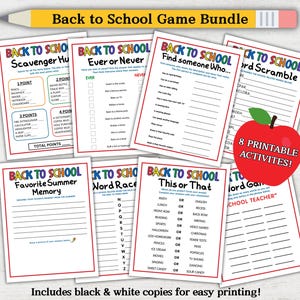 Może przedstawiać: Zestaw ośmiu gier do druku "Powrót do szkoły", w tym poszukiwania i gry słowne. Gry są na białym papierze z czerwonymi obramowaniami. Zestaw zawiera kopie czarno-białe ułatwiające drukowanie. Dołączone jest również duże czerwone jabłko z napisem "8 Printable Activities!"