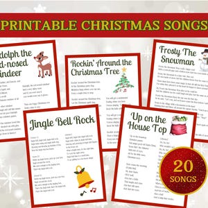 May include: A selection of printable Christmas song sheets, including "Rudolph the Red-nosed Reindeer" and "Frosty the Snowman." The image features a red banner with the text "Printable Christmas Songs" and a gold circle that says "20 Songs."