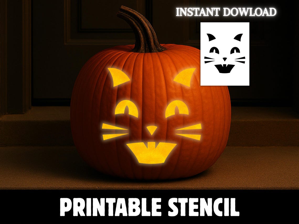 Printable Cat Face Pumpkin Stencil, Cute Cat Pumpkin Carving Template