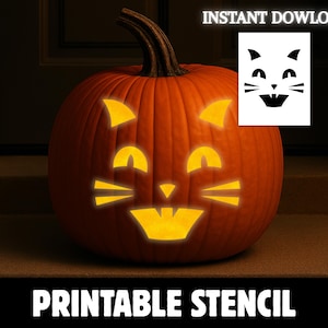 May include: A carved orange pumpkin with a cat face design, illuminated from within. A printable stencil of the cat face is displayed next to the pumpkin. The words "INSTANT DOWNLOAD" and "PRINTABLE STENCIL" are also visible.