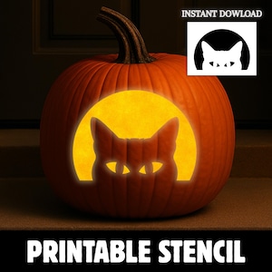 May include: An orange pumpkin carved with a cat silhouette, lit from inside. The pumpkin has a dark stem and is set against a dark background. The words "PRINTABLE STENCIL" are at the bottom, with a small graphic that says "INSTANT DOWNLOAD".