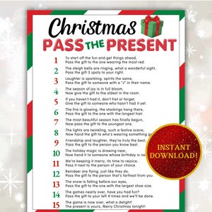 May include: A festive Christmas game titled "Pass the Present" with a red, green, and white border. The game includes instructions and a red and gold "Instant Download!" sticker. A green gift box graphic is in the top right corner.