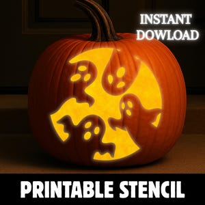 May include: An orange pumpkin carved with a ghost design, illuminated from within. The pumpkin has a dark stem and is set against a dark background. Text reads "INSTANT DOWNLOAD" and "PRINTABLE STENCIL".