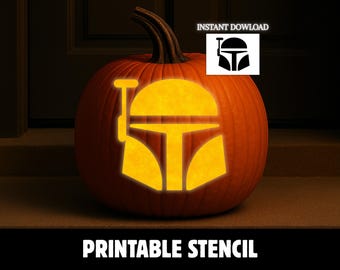 May include: A bright orange pumpkin featuring a glowing yellow cutout of a helmeted character silhouette. The image includes a white box with the text INSTANT DOWLOAD and a helmet icon, plus the text PRINTABLE STENCIL at the bottom.