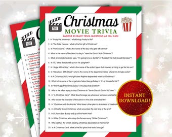 Op de afbeelding: Een afdrukbaar Christmas Movie Trivia-spel met een rood-groene rand. De titel "Christmas Movie Trivia" staat bovenaan, met een popcorn-afbeelding. Het spel bevat 20 triviavragen uit populaire kerstfilms.