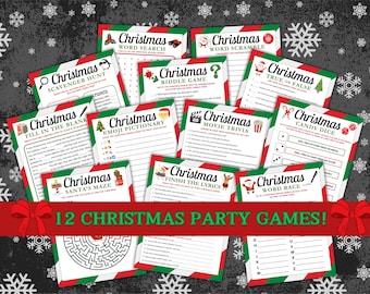 Könnte beinhalten: Eine Sammlung von 12 Weihnachts-Partyspielen, jeweils mit einem festlichen rot-grün-weißen Rand. Zu den Spielen gehören Wortsuchrätsel, Quiz und Schnitzeljagden. Der Text "12 CHRISTMAS PARTY GAMES!" wird unten in einem roten Banner angezeigt.