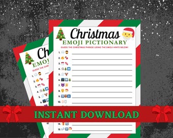 May include: Christmas Emoji Pictionary game with a festive design. The game features a Christmas tree and Santa Claus graphic. The text reads "Christmas Emoji Pictionary" and "Guess the Christmas phrase using the emoji hints below!" with numbered lines for answers.