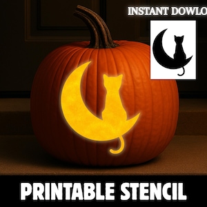 Printable Cat Pumpkin Carving Template, Cat on Moon Pumpkin Carving