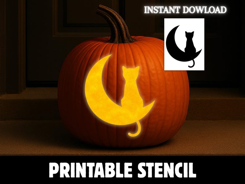 Printable Cat Pumpkin Carving Template, Cat on Moon Pumpkin Carving ...