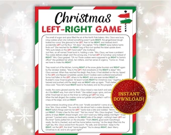 May include: A festive Christmas-themed printable game titled "Christmas Left-Right Game." The design features a red and green border, with a circular "Instant Download!" graphic. The game's instructions are printed on the page.