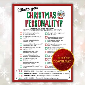 May include: A festive Christmas personality quiz with a red border. The title reads "What's your Christmas Personality?" with a list of statements to check. A red circle with "Instant Download!" is in the corner.